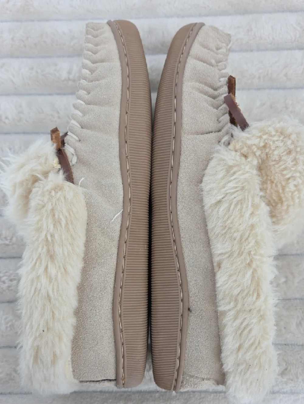 J. Crew Cream Faux-Fur Lined Kids Moccasins with Brown Lace Bows
